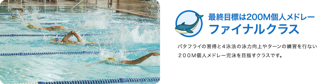 ファイナルクラス：バタフライの習得と４泳法の泳力向上やターンの練習を行ない２００Ｍ個人メドレー完泳を目指すクラスです。